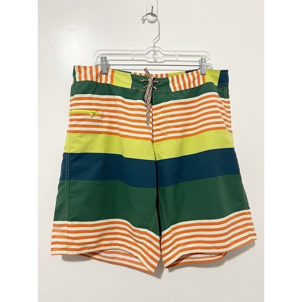 Patagonia Mens Board Shorts Size 38 Green Orange Striped Swim Trunks‎ Surfwear
